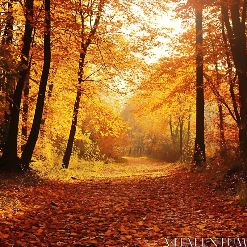 Autumnal Woodland Pathway with Golden Leaves AI Image