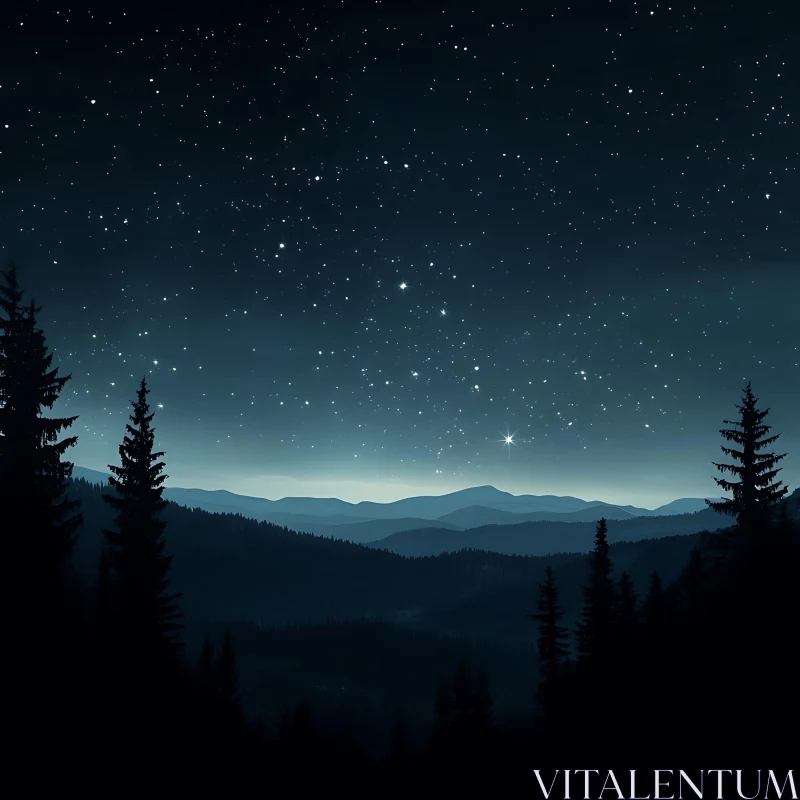 Starry Sky Over Mountain Silhouettes AI Image