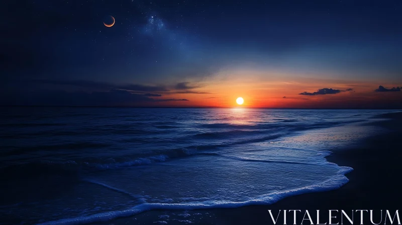 Evening Seascape with Sunset and Moon AI Image