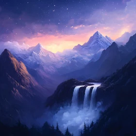 Serene Waterfall Landscape at Twilight