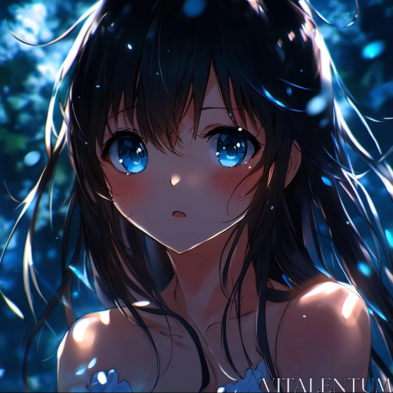 Emotive Anime Portrait with Dark Hair and Reflective Lighting AI Image