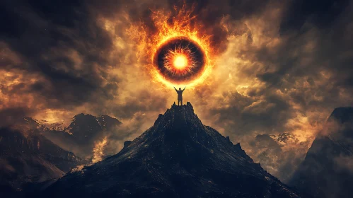 Mountain Peak Silhouette with Fiery Sky