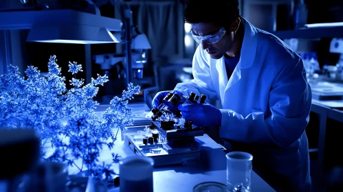 Scientist Conducting Research in Blue-Lit Laboratory