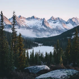 Snowy Peaks and Forest Scenery