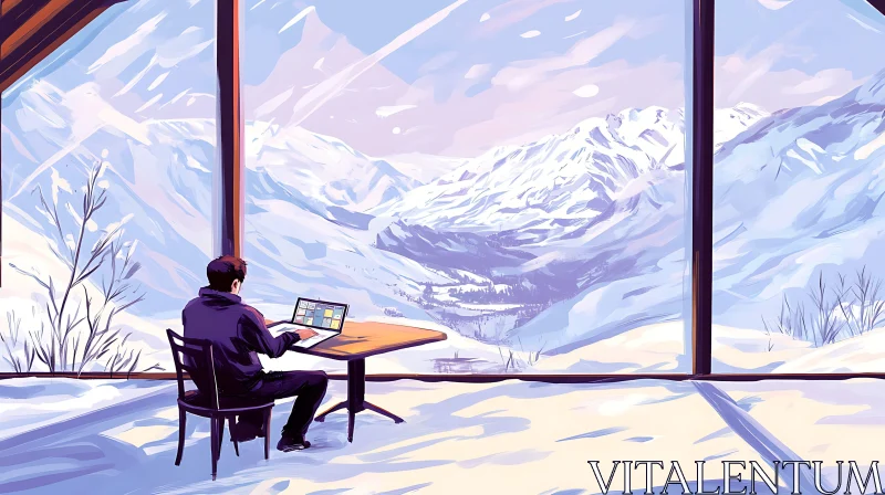 AI ART Serene Workspace in Winter Mountains