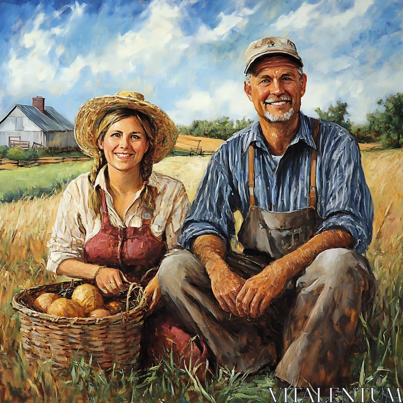 Rural Farmers Harvesting Golden Field AI Image