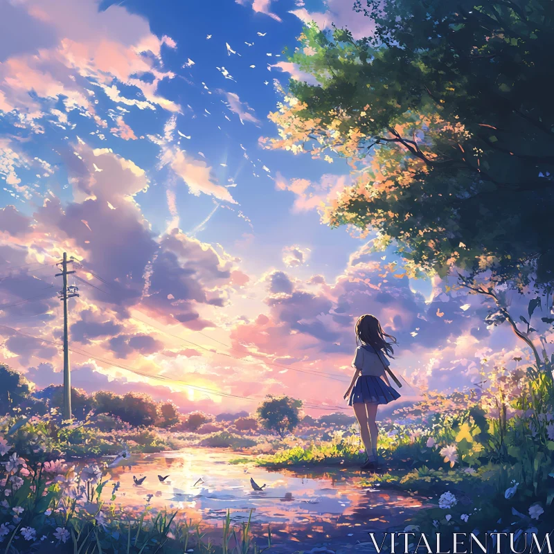 Tranquil Evening: Girl by the Water at Dusk AI Image