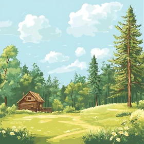 Serene Forest Cabin and Meadow Scene