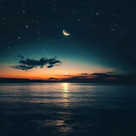 Ocean at Nightfall with Moon and Stars