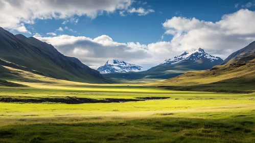 Scenic Mountain Valley with Snow-Capped Peaks