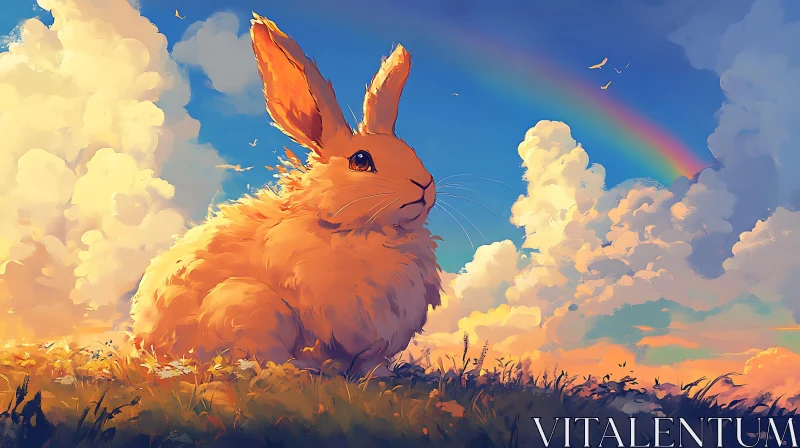 AI ART Dreamy Rabbit in Field with Rainbow