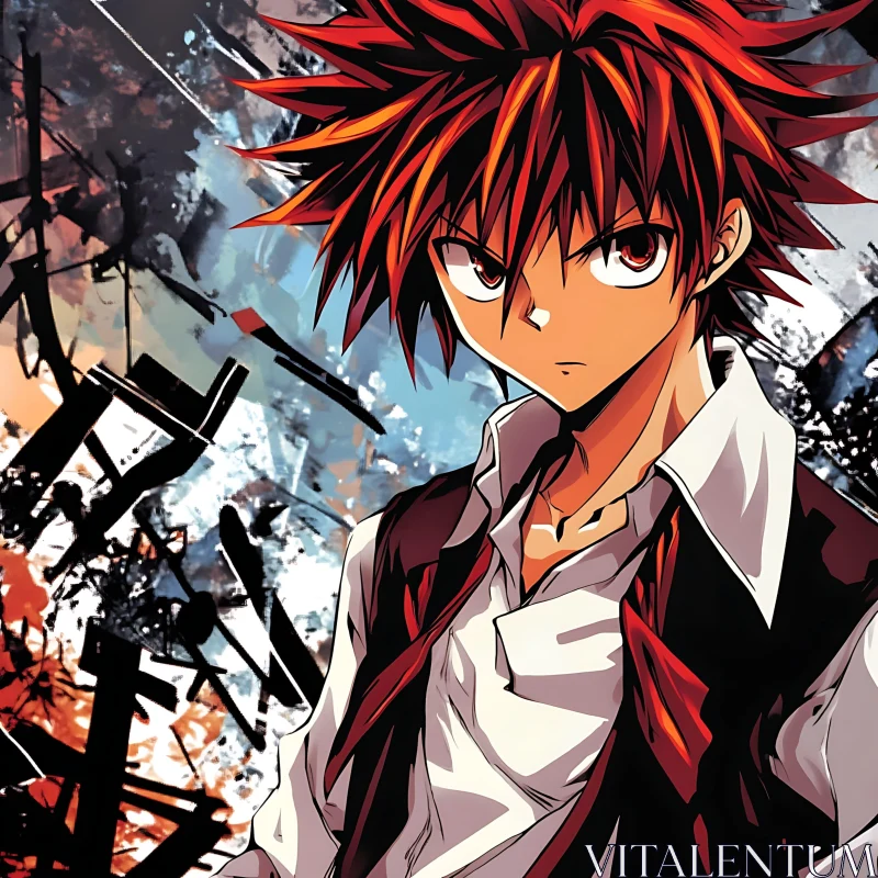 Intense Anime Character with Red Hair AI Image