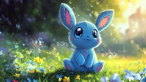 Whimsical Blue Rabbit in a Sunny Field
