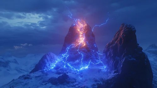 Lightning Strikes Snowy Mountain Top