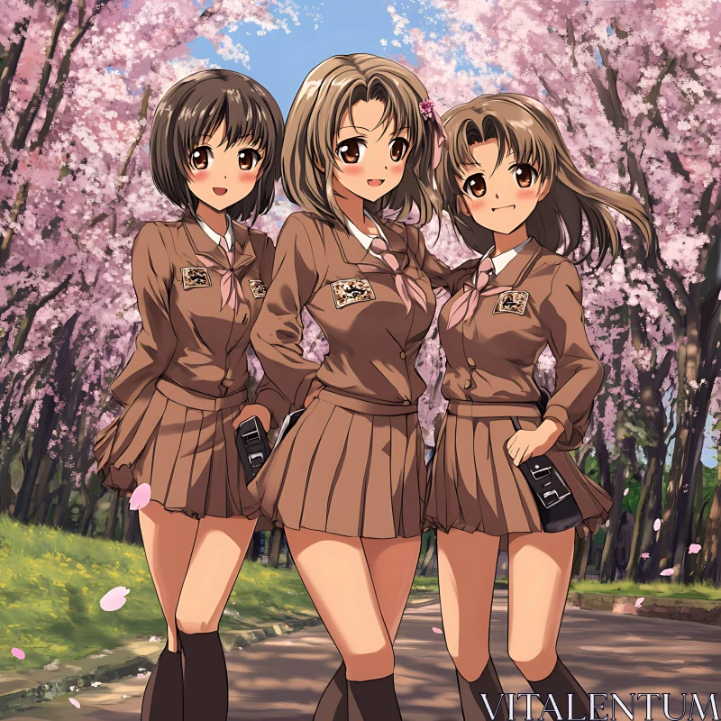 Cherry Blossom Pathway with Cheerful Schoolgirls AI Image