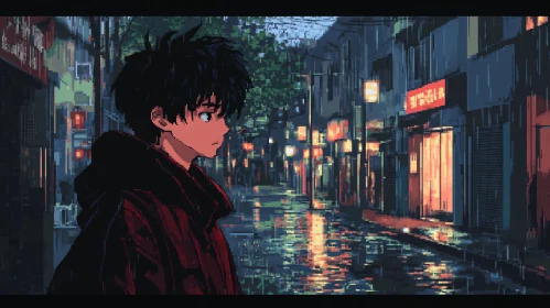 Moody Anime Scene: Rainy Night with Neon Reflections