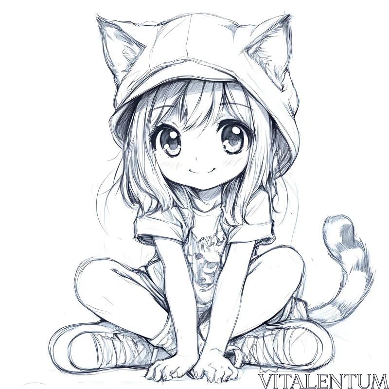 Cute Anime Girl with Cat Ears and Tail Drawing AI Image