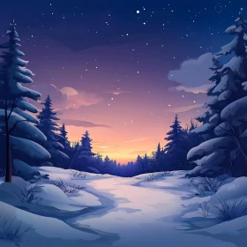 Serene Sunset in Snowy Winter Forest