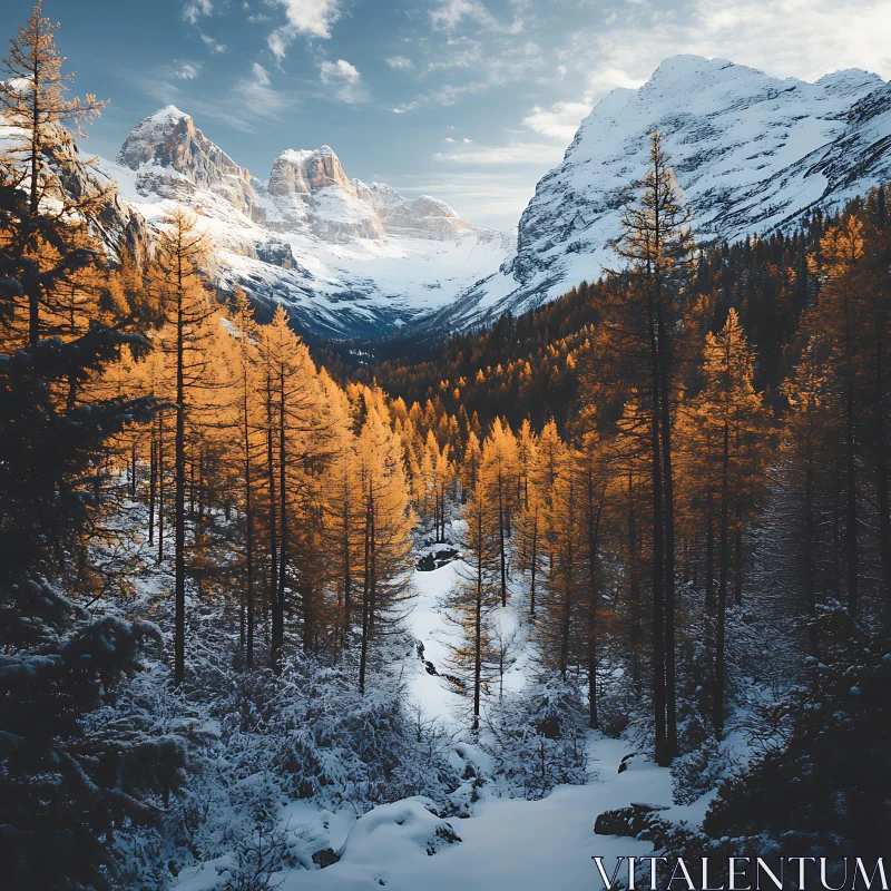 Winter Landscape with Golden Trees AI Image