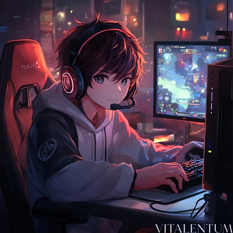 Anime Character Immersed in Gaming at Night AI Image