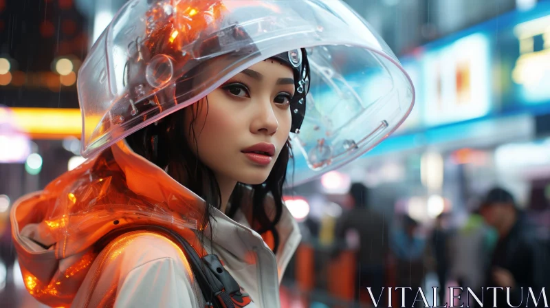 Futuristic Fashion: Woman in Rainproof Dress Walking Through City Streets AI Image
