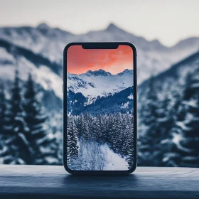 Snowy Peaks Displayed on a Smartphone