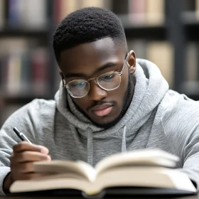 Man Studying in Library with Glasses