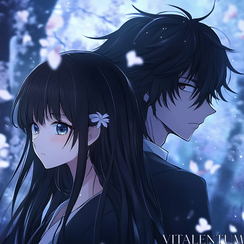 AI ART Melancholic Anime Pair Surrounded by Blossoms