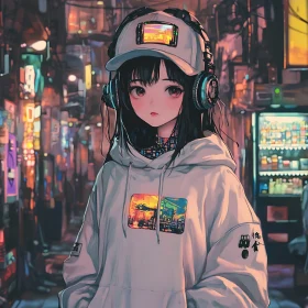 Cyberpunk Anime Girl in Neon Lit Street