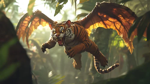 Tiger with Wings Soaring in Jungle