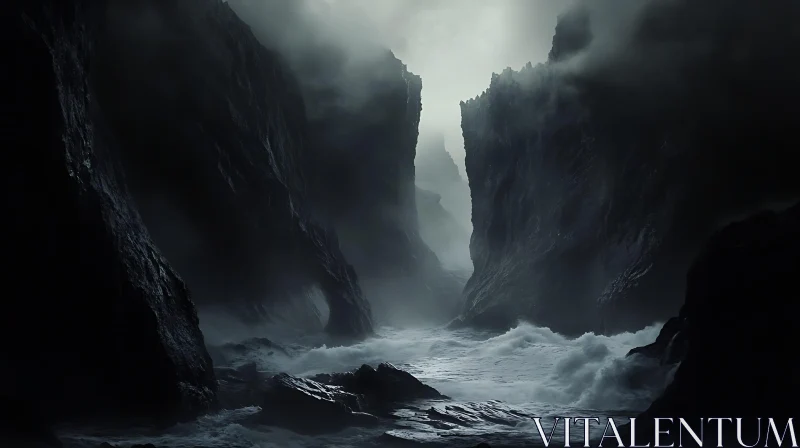 Dark Cliffs and Ocean Waves AI Image