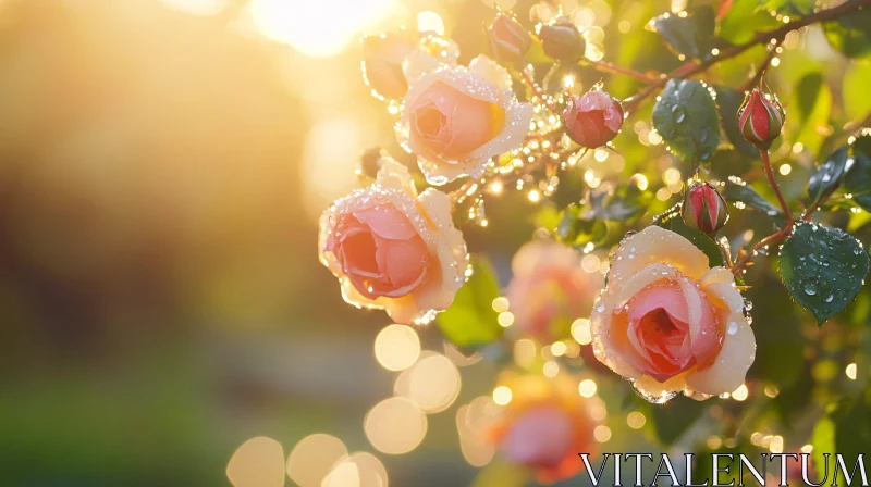 Dew-Kissed Pink Roses in Morning Light AI Image