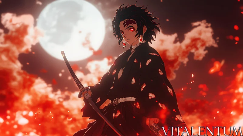 Anime Warrior with Fiery Moonlit Background AI Image