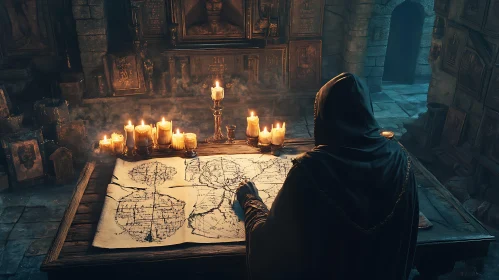 Hooded Figure Examining Old Map