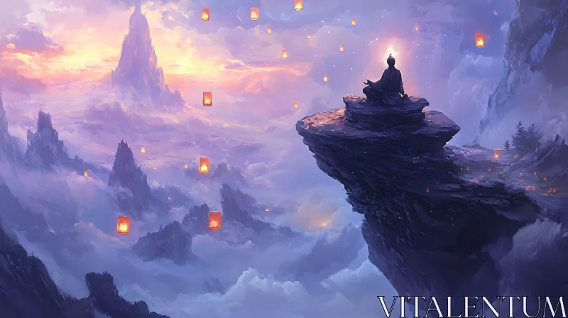 Cliffside Meditation with Floating Lanterns AI Image