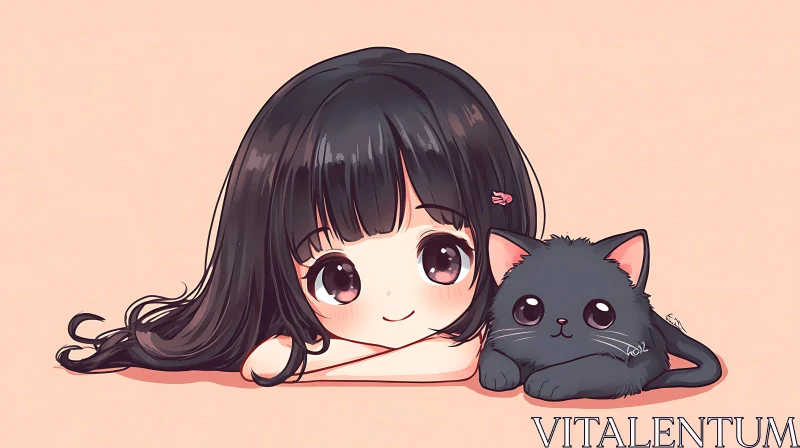 AI ART Cute Anime Girl and Cat Art