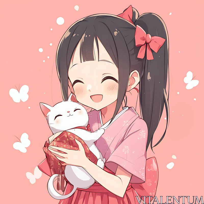 Cute Anime Girl Holding a Cat in Traditional Attire AI Image