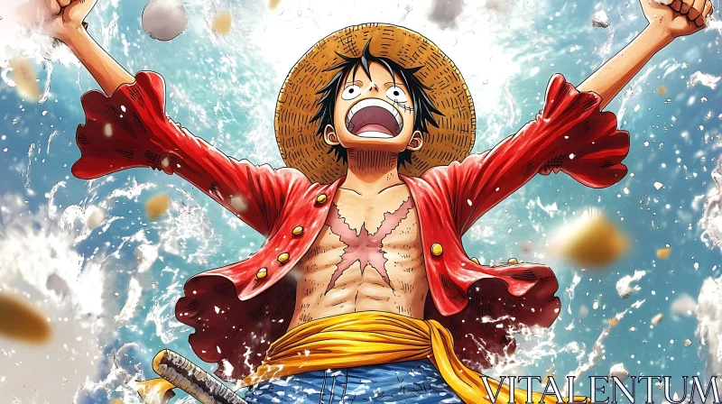 Anime Character with Straw Hat in Exciting Scene AI Image