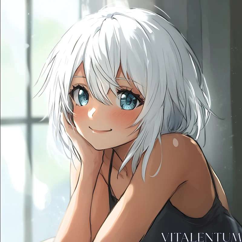 Anime Portrait of a White-Haired Girl with Blue Eyes AI Image