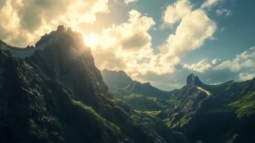 Mountain Wall Under Cloudy Skies