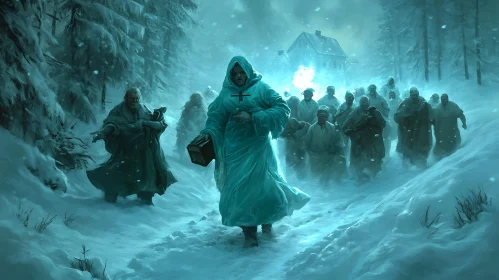 Snowy Monks Procession in Winter