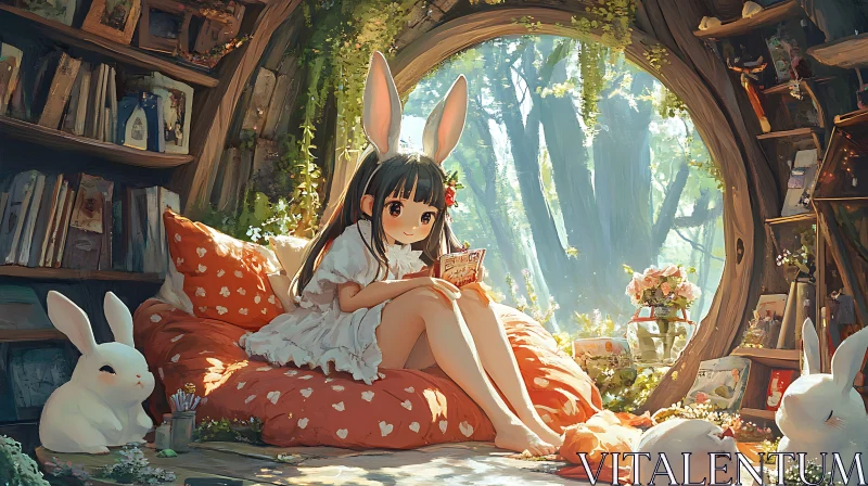 AI ART Anime Girl with Bunny Ears Reading