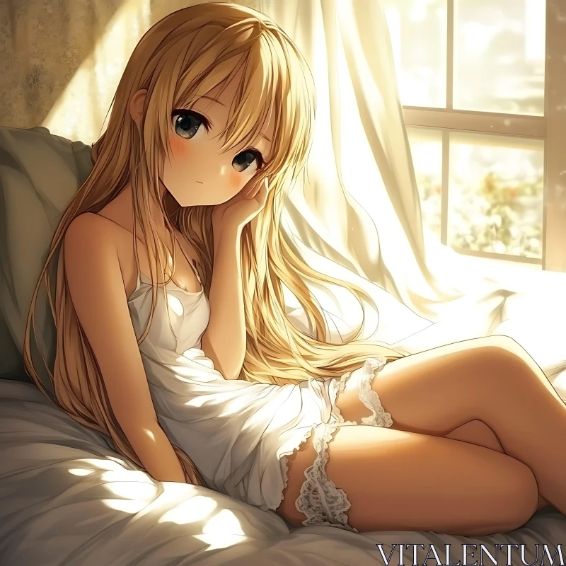 Thoughtful Anime Girl in Bedroom AI Image