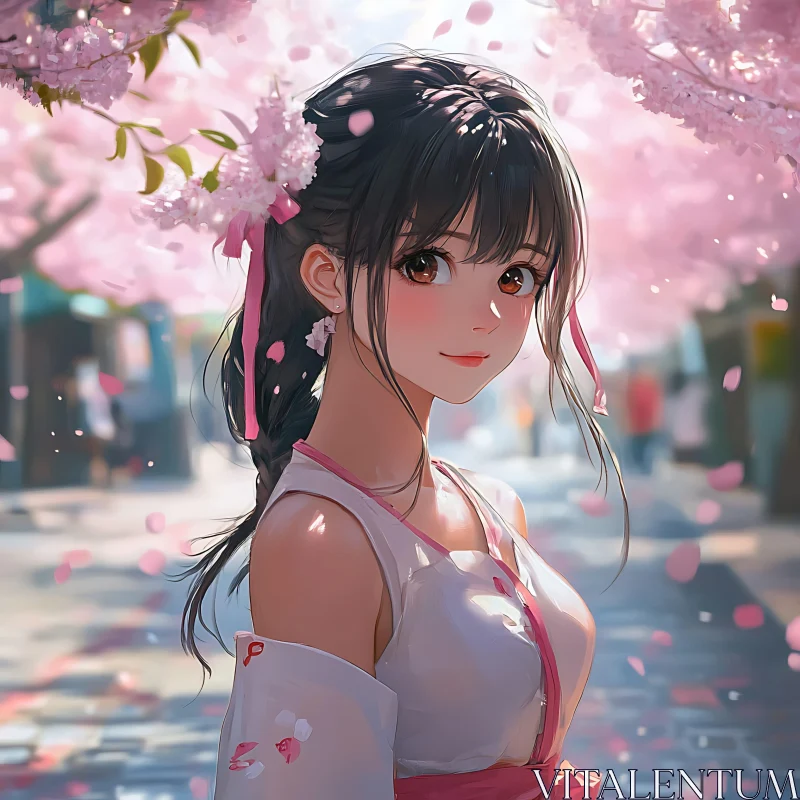 Sakura Blooming with Anime Girl in Pink Dress AI Image