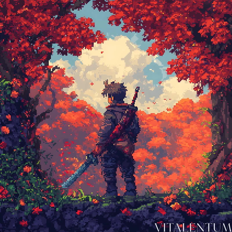 Warrior in Autumn Valley Pixel Art AI Image