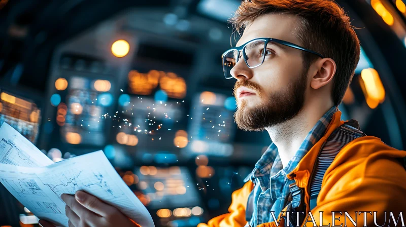 Man with Blueprints in Futuristic Control Center AI Image