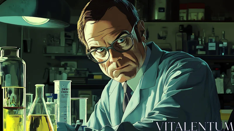AI ART Focused Scientist in Lab Illustration