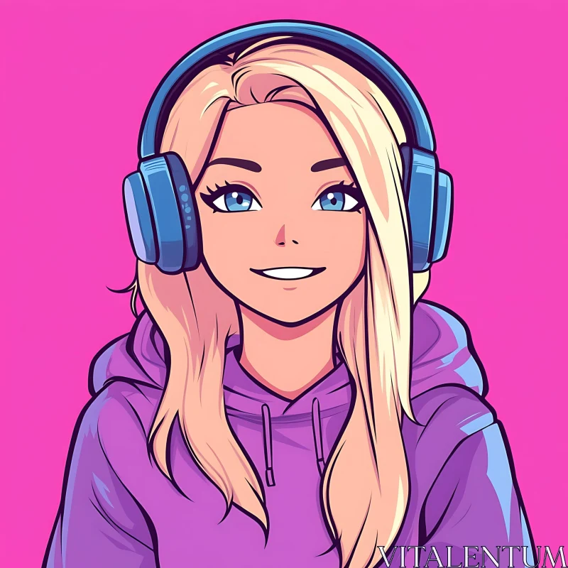 Happy Anime Girl in Headphones and Hoodie AI Image