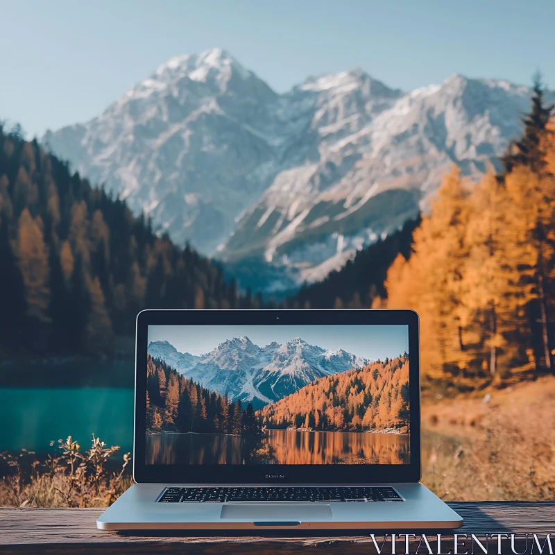 Tech Meets Nature: Mountain Landscape on Screen AI Image