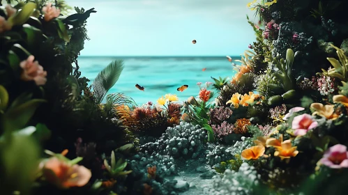 Tranquil Ocean View with Coral and Flowers